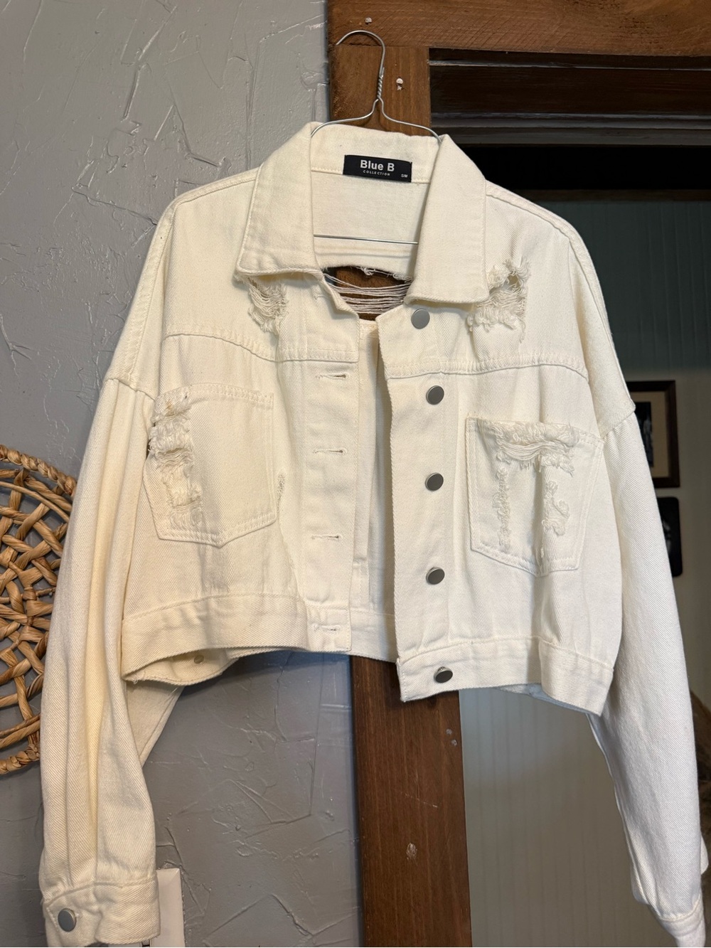 Blue B Women's Cream Distressed Cropped Denim Jacket